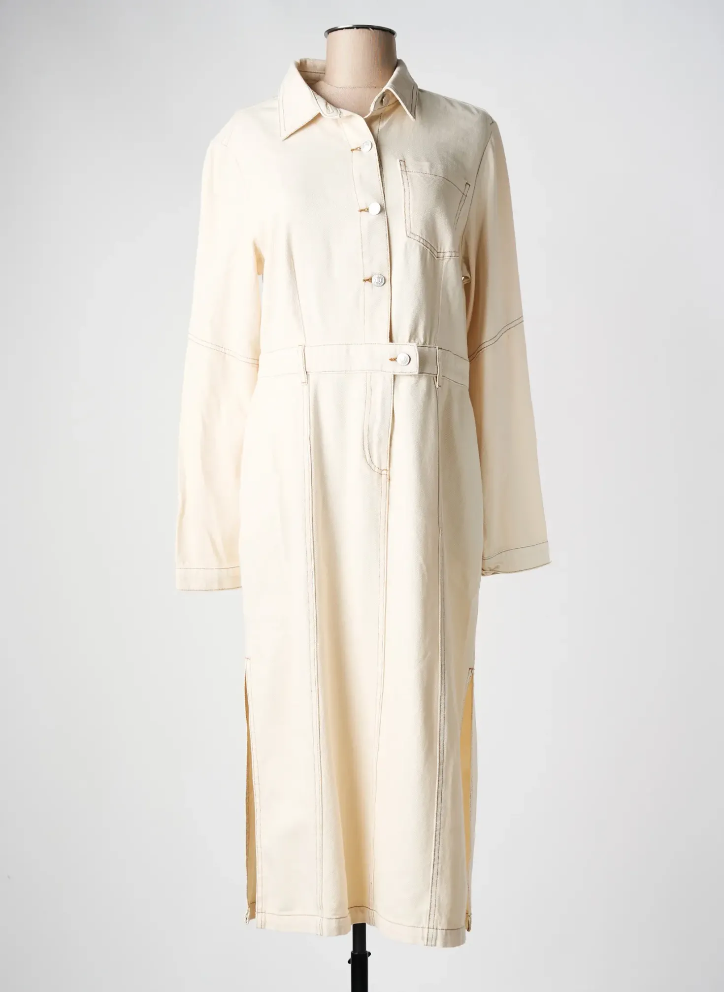 Robe Mi-longue C'est Beau La Vie Beige Manches Longues